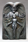 Bronze-like sculpture of a figure with ram's head and a woman below on a gray background