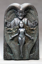Bronze-like sculpture of a figure with ram's head and a woman below on a gray background