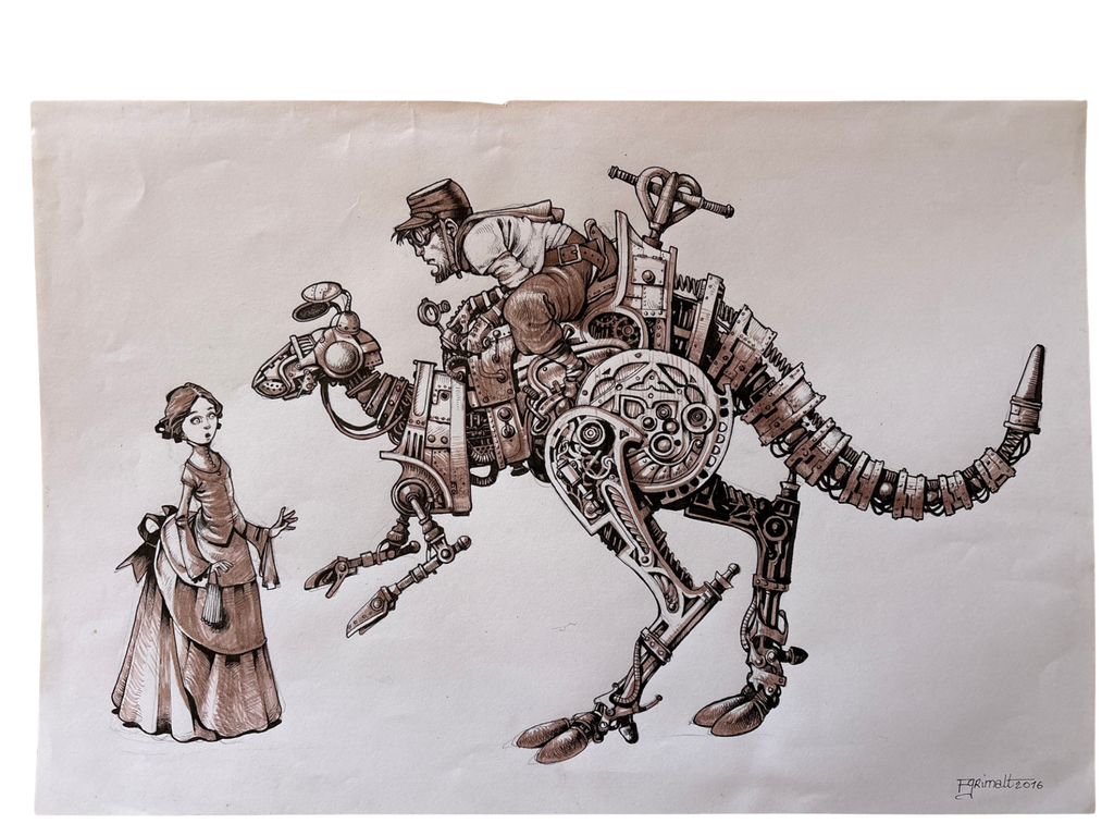 Señor de Hotteterre en su canguro mecánico (2016) — dibujo original