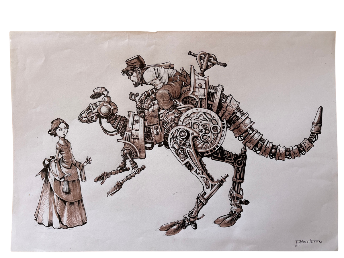 Señor de Hotteterre en su canguro mecánico (2016) — dibujo original