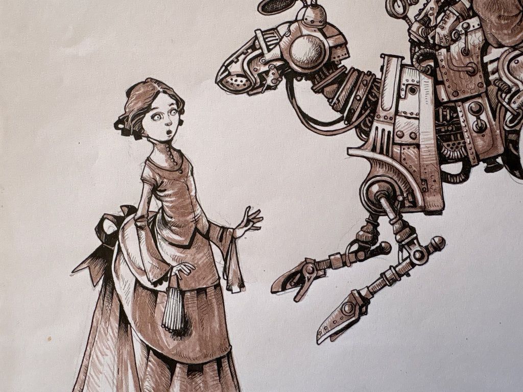 Señor de Hotteterre en su canguro mecánico (2016) — dibujo original