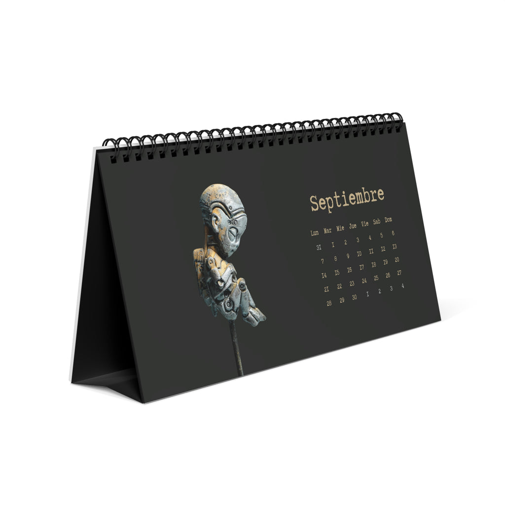 Desk calendar with a robot illustration on a black background