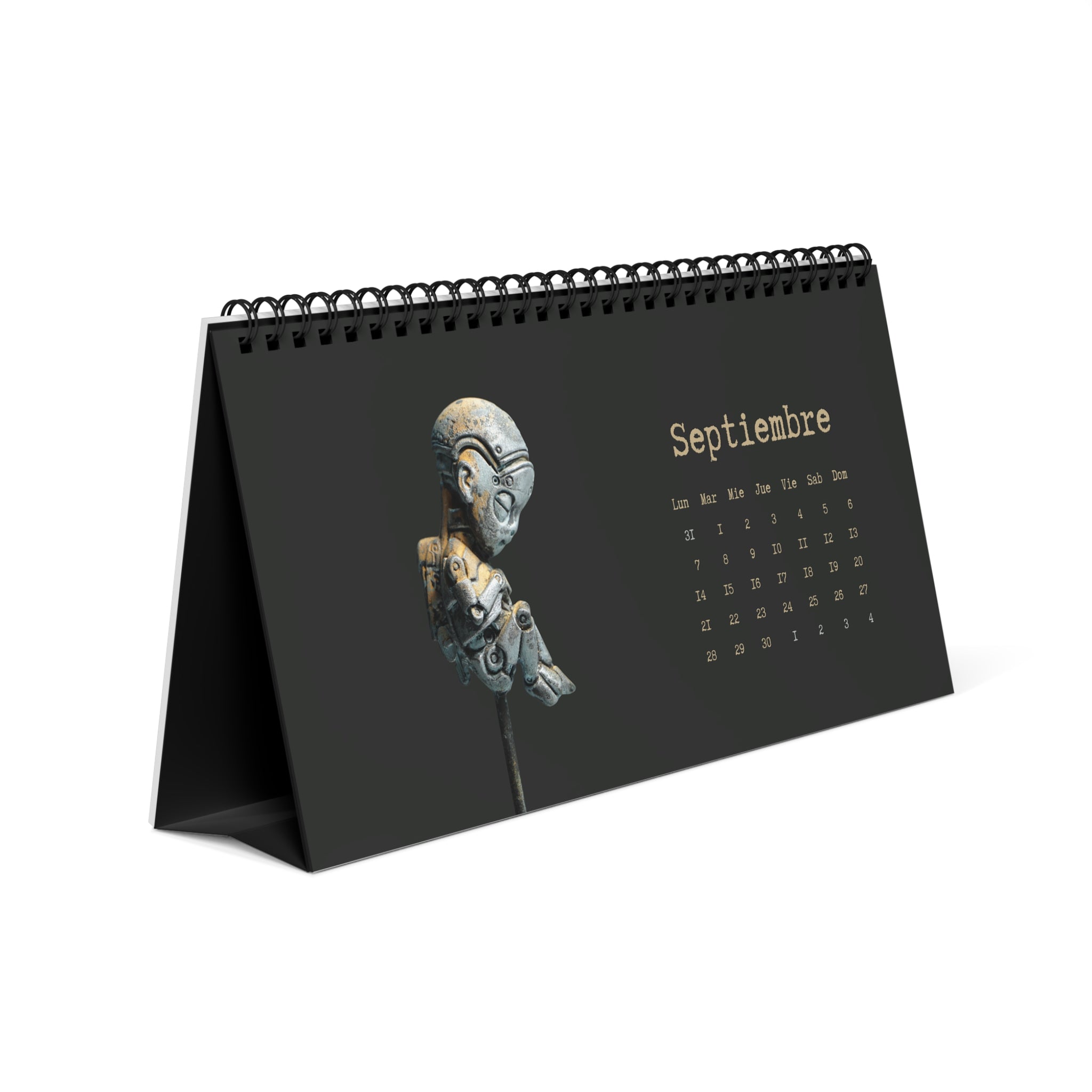Desk calendar with a robot illustration on a black background