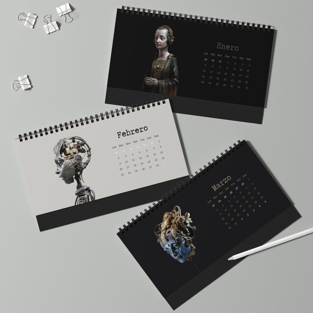 Three spiral-bound calendars displaying different months on a gray background.