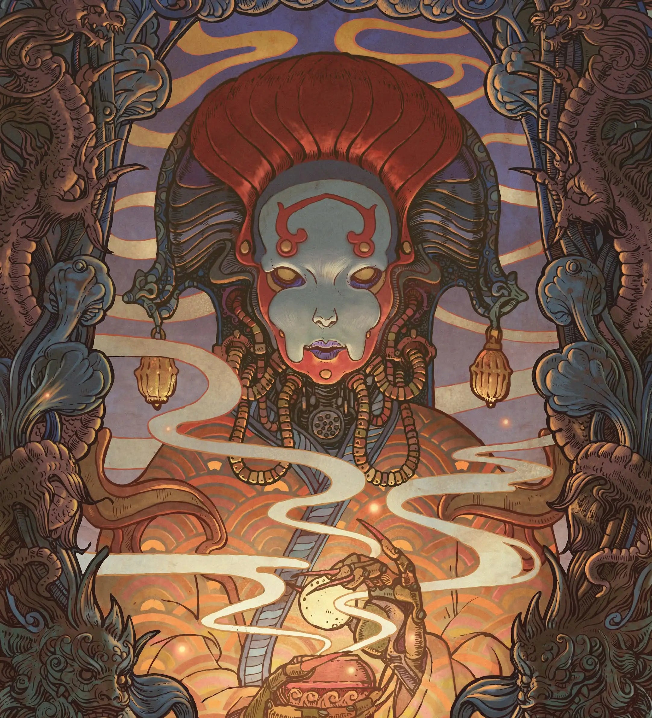 Artistic depiction of a mystical figure with intricate designs and vibrant colors.